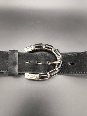 Belt Shak Western Black Suede Silver Tone Horseshoe Inspired Buckle Belt M